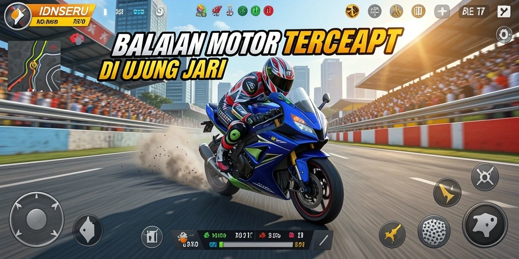 Screenshot menampilkan gameplay seru balapan motor di IDNSERU.