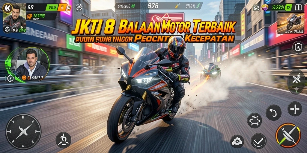 Tampilan gameplay JKT8 yang mendebarkan saat balapan motor.