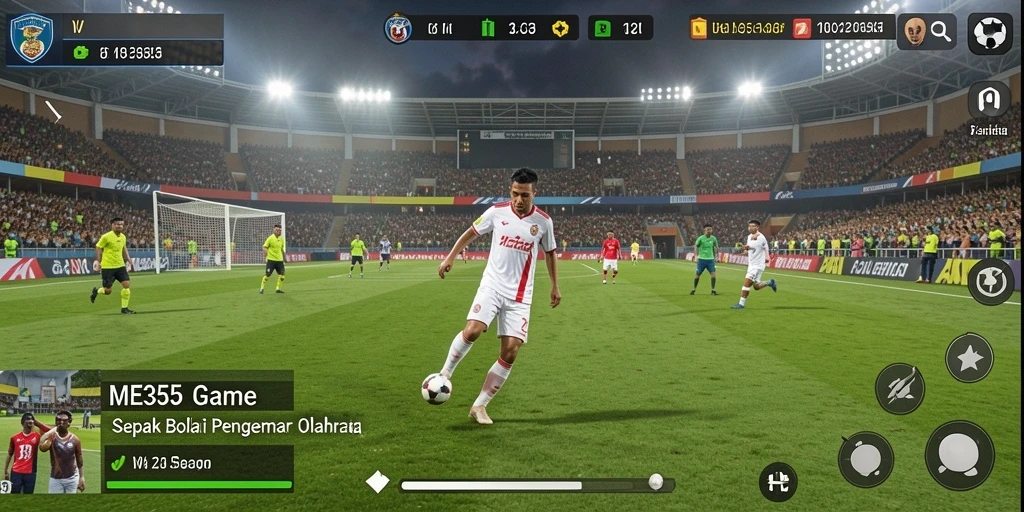 Screenshot utama ME355 menunjukkan momen mendebarkan dalam pertandingan sepak bola.