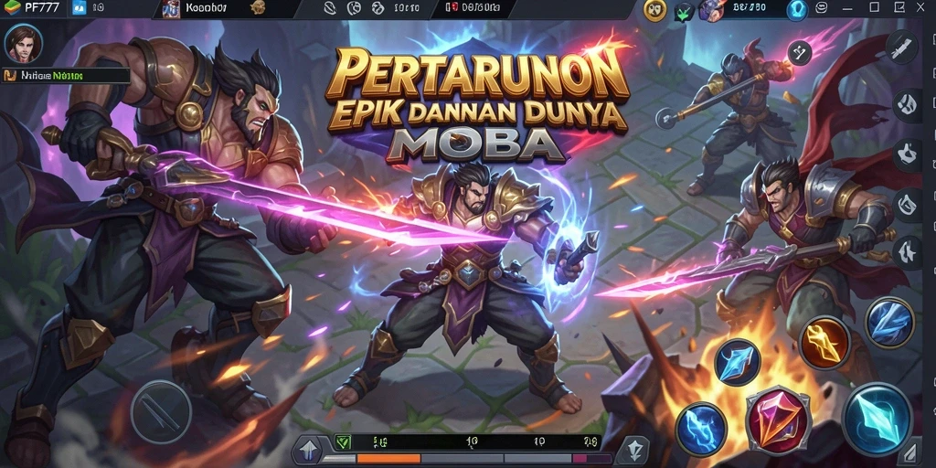 Menampilkan aksi pertarungan tim di arena MOBA yang menegangkan.