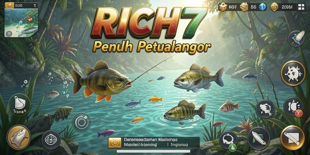 Screenshot gameplay <strong>RICH7</strong> menampilkan pemancing menangkap ikan di lokasi menarik.
