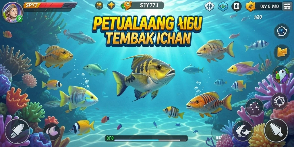 Screenshot gameplay SPY77 menampilkan keseruan menembak ikan.